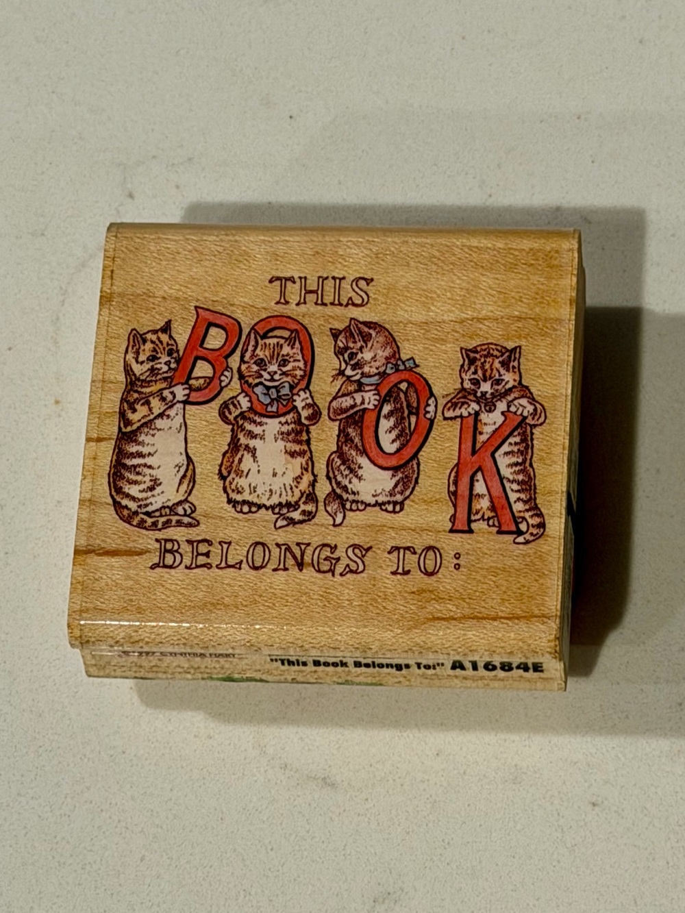 Wooden "This Book Belongs To" Rubber Stamp with Kittens